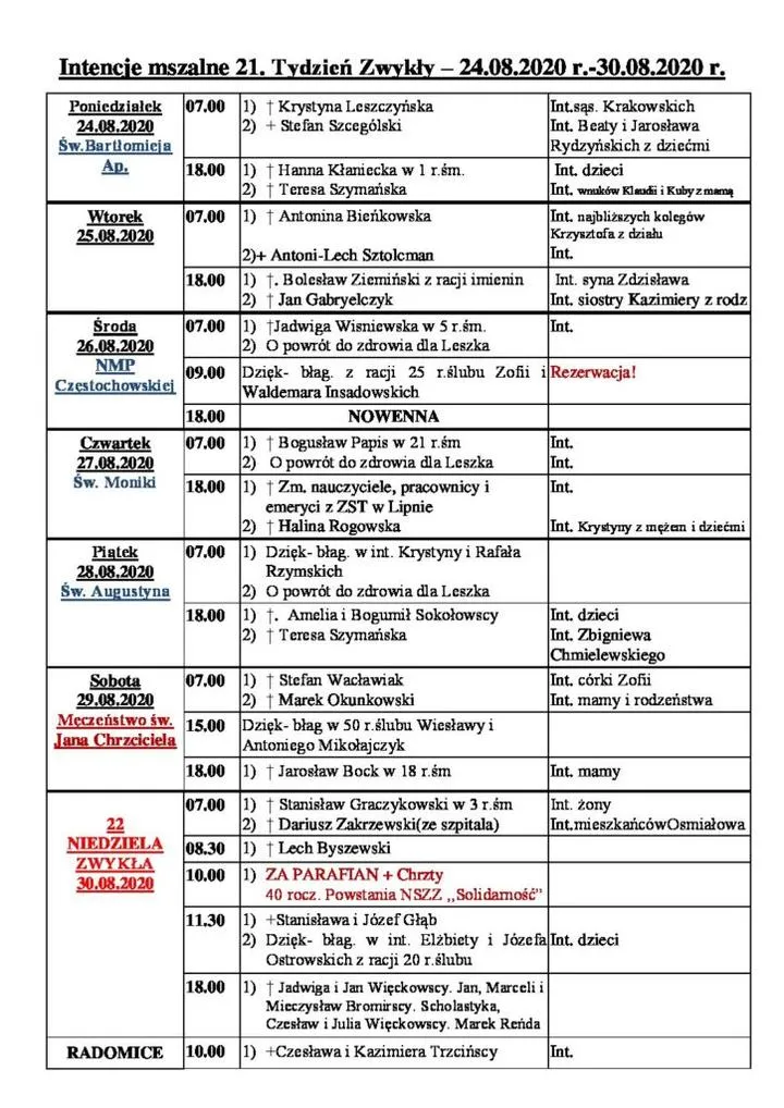 Intencje mszalne za zmarłych